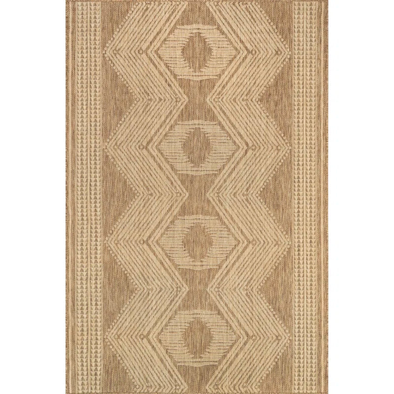 Geometric Indoor/Outdoor Rug for Living Room Patio Deck Front Porch Entryway Hallway Kitchen, Light Brown/Ivory