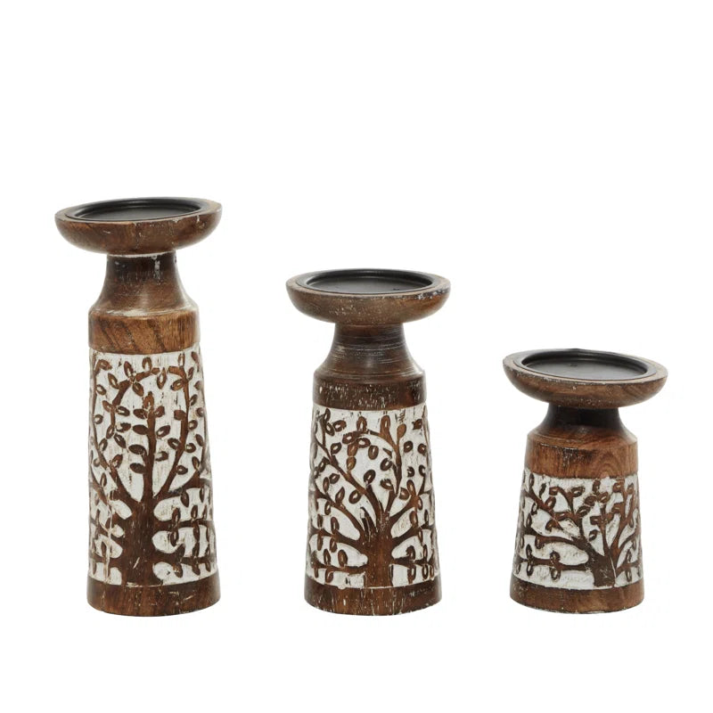 Mango Wood Handmade Minimalistic Bell Shaped Pillar Decorative Brown Candle Holder Set
