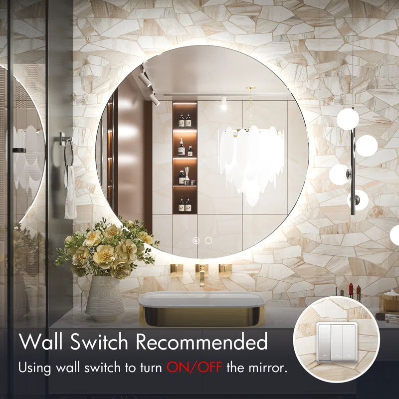 Adorna round Frameless Backlit Mirror, LED Bathroom Vanity Mirror with Dimmable Brightness, Anti-Fog Function, 50000H Lifetime, Shatterproof Film