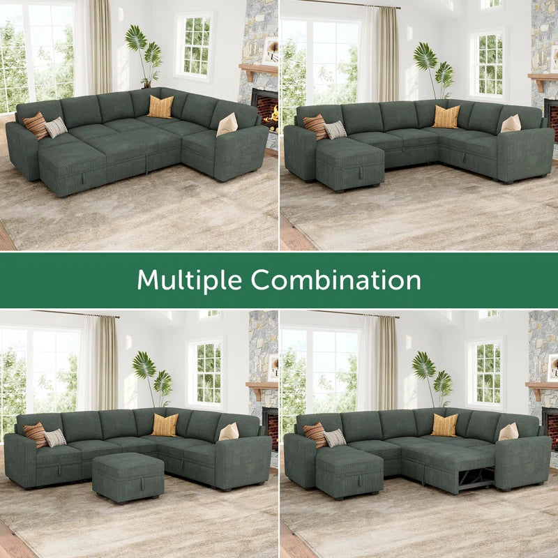 Corduroy Sleeper Sectional U Shaped Modular Sofa Bed with Storage Space