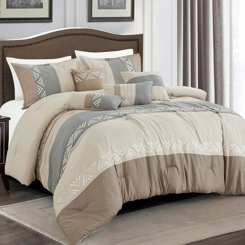Taupe/Ivory/Light Gray Microfiber 7 Piece Comforter Set