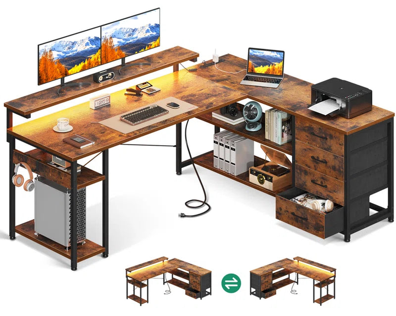 Lymon L-Shaped Metal Base Computer Desk with Power Outlet