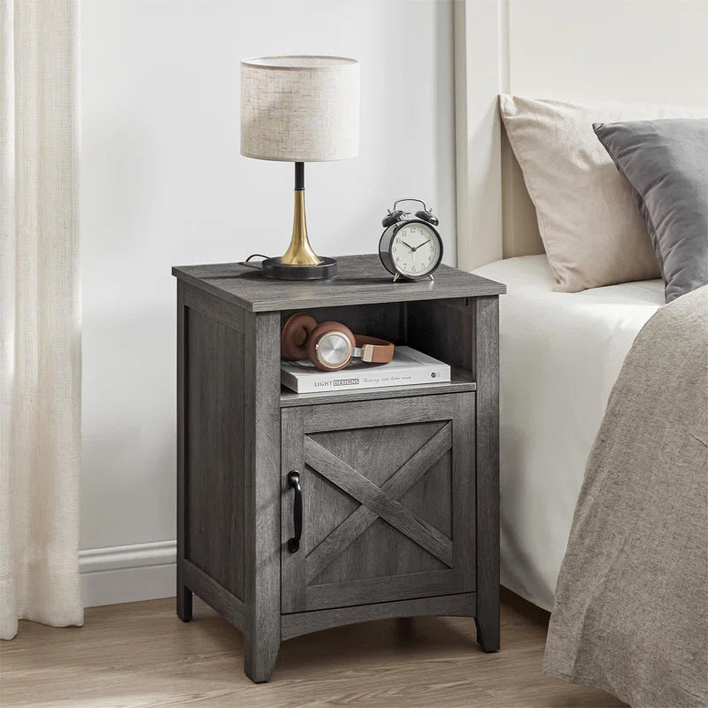 Bauman Farmhouse Nightstand, Bedside Table with a Cabinet and Open Compartment