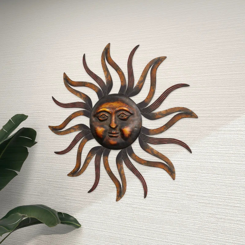 Metal Sun Home Wall Decor with Distressed Copper like Finish