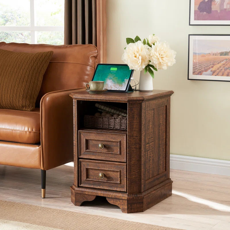Loiret 2 - Drawers Modern Wood Nightstand with Charging Station,Bed Side Table with Open Storage for Bedroom and Built-In Outlets