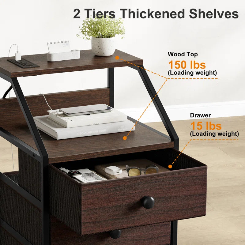 Sereena Nightstand with 3 Drawers & 2 USB Ports, Bedside Table with Outlets, Stable Metal Frame