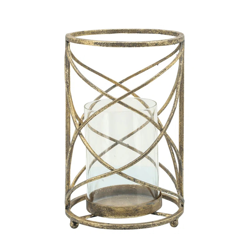 Metal and Glass Pillar Candle Holder with Openwork Geometric Frame - Decorative Accent for Modern and Glam Spaces