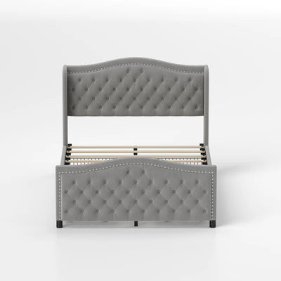 Kassaia Velvet Upholstered Metal Nail Trim Platform Bed with Tufted Headboard and 4 Drawers