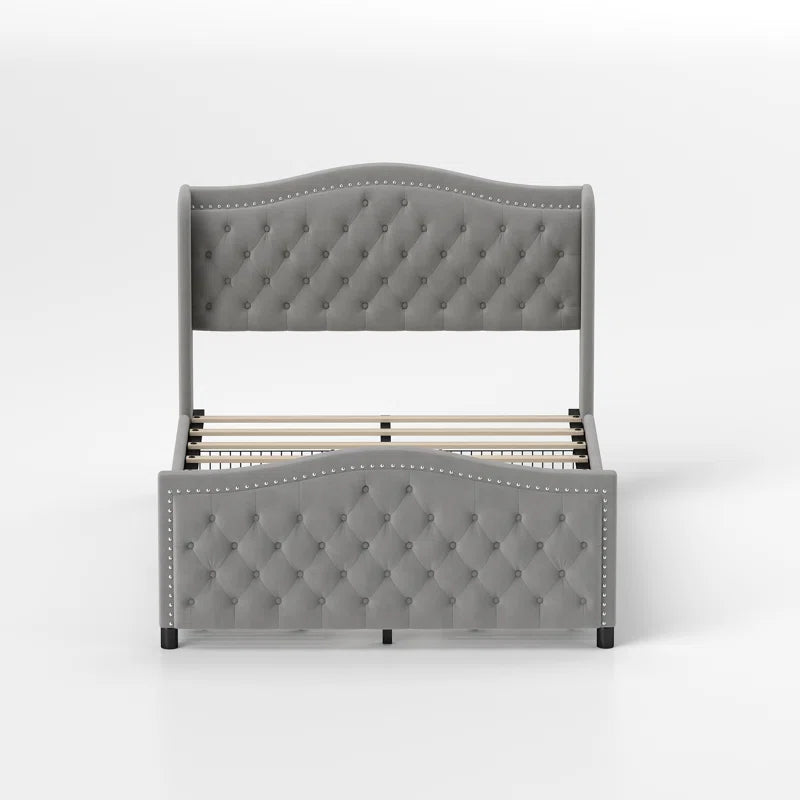 Kassaia Velvet Upholstered Metal Nail Trim Platform Bed with Tufted Headboard and 4 Drawers