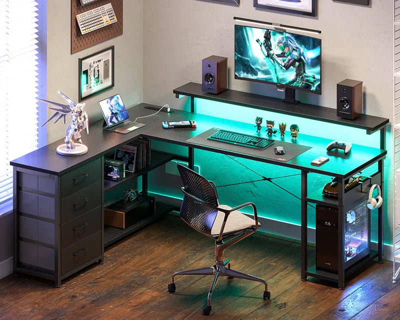 Lymon L-Shaped Metal Base Computer Desk with Power Outlet