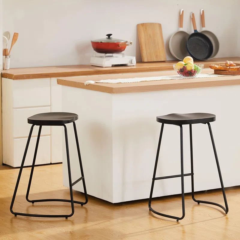 Alazia Solid Wood Backless 26/30" Saddle Seat with Footrest Bar Height Stool Set