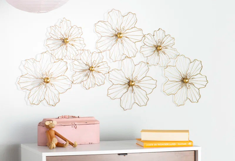 Metal Wire Foiled Floral Home Wall Decor with Scroll Accents