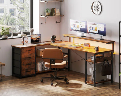 Lymon L-Shaped Metal Base Computer Desk with Power Outlet