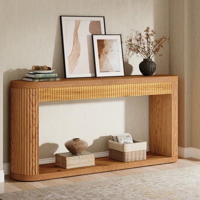 63" Oval Console Table for Entryway, Narrow Wood Entry Desk behind Couch for Entrance, Hallway, Foyer