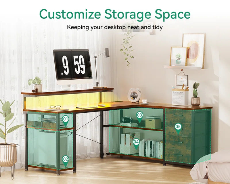Lymon L-Shaped Metal Base Computer Desk with Power Outlet