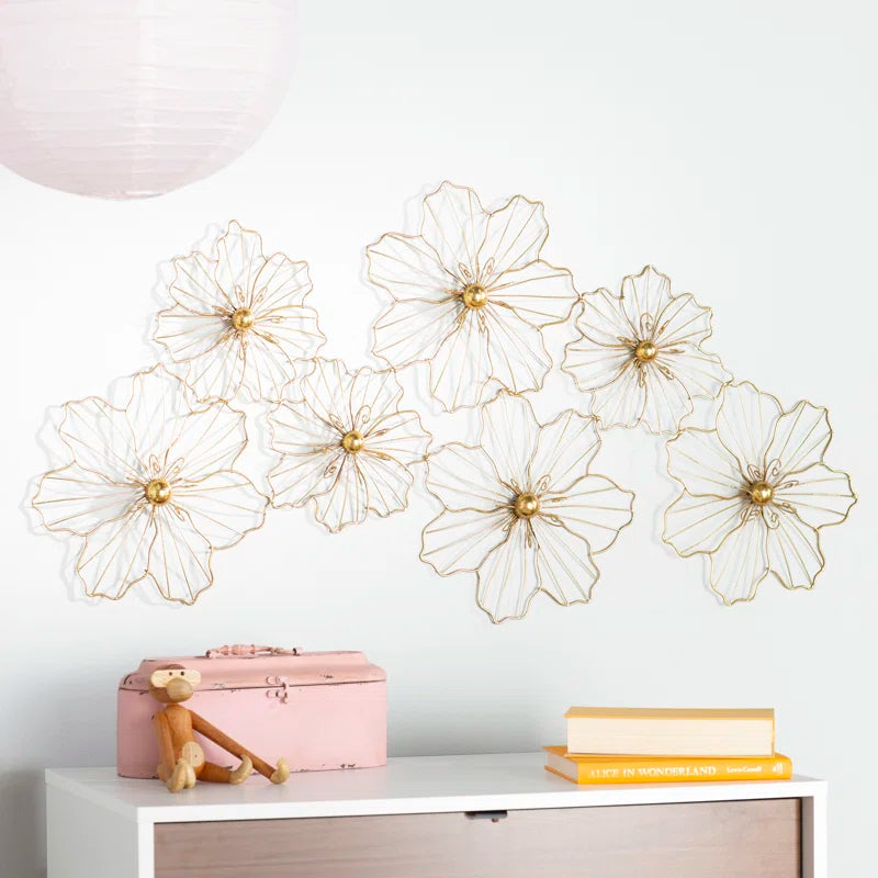 Metal Wire Foiled Floral Home Wall Decor with Scroll Accents