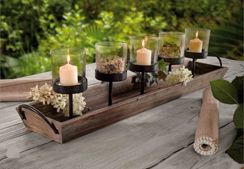 5-Pillar Candelabra Centerpiece with Glass Cups and Rustic Wood Tray