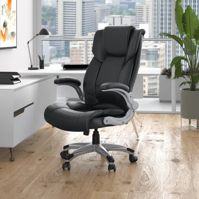 Alira Mid-Back Ergonomic Office Chair - PU Leather Executive Chair with Adjustable Lumbar Support, Flip-Up Armrests & Height Adjustment, Rolling Swivel Chair for Home Office