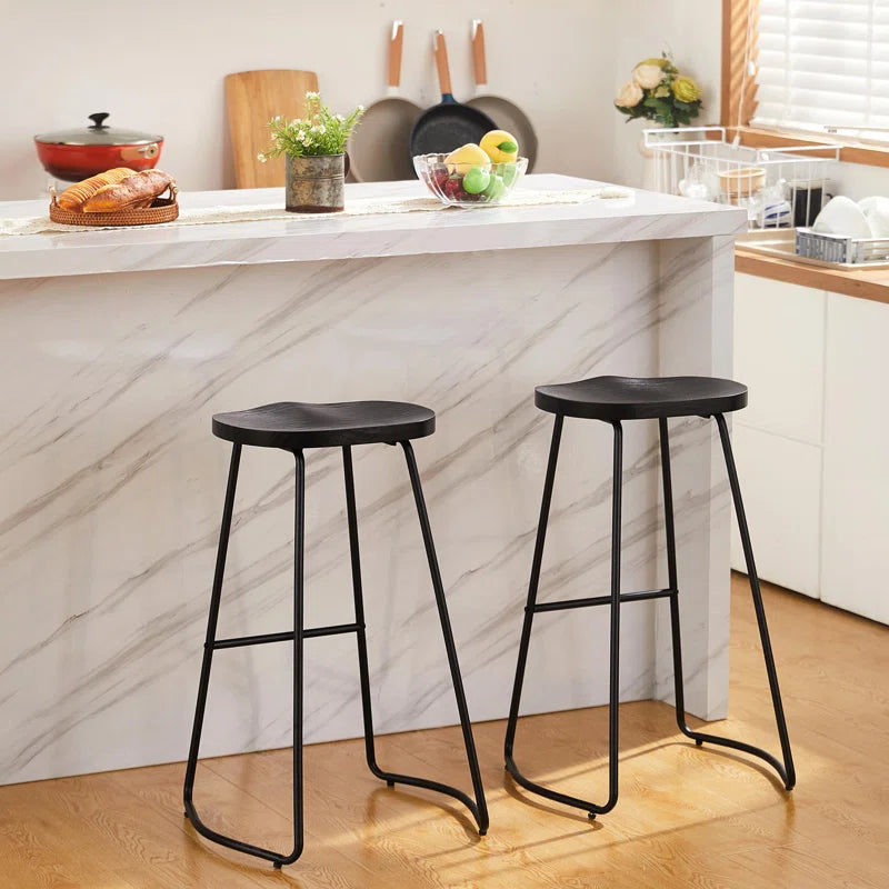 Alazia Solid Wood Backless 26/30" Saddle Seat with Footrest Bar Height Stool Set