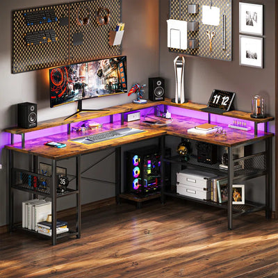 Latarya 59''W L-Shaped Desk with Steel Storage Shelves,Reversible Computer Desk with Built-In Outlets and LED Strip Lights