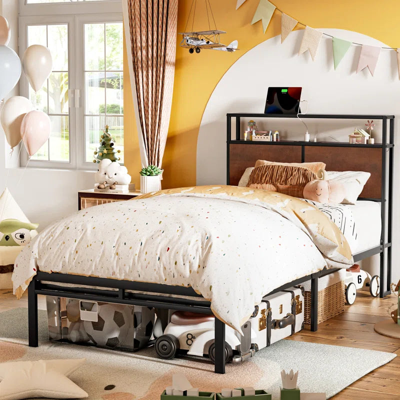 Antioch Bed Frame with LED Light and Charging Station, Metal Frame with Storage Headboard, Large Storage Space, No Spring Box Needed