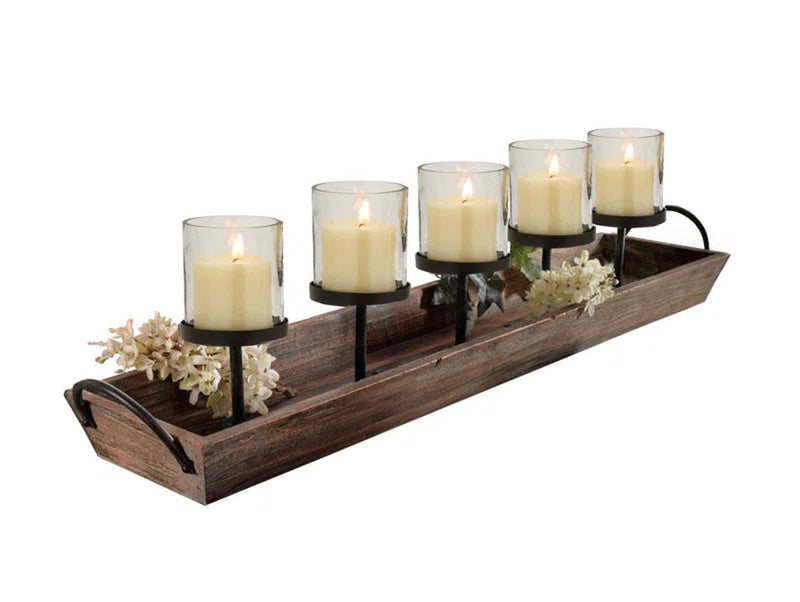 5-Pillar Candelabra Centerpiece with Glass Cups and Rustic Wood Tray