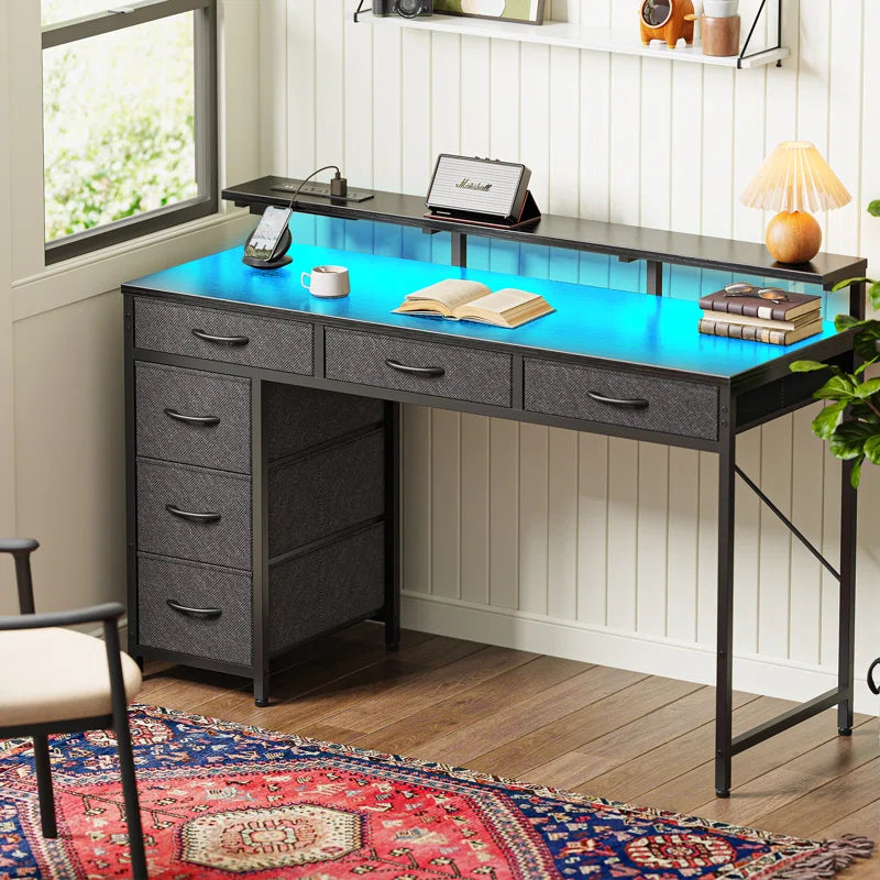 Keldric Rectangle Desk, Computer Desk with Drawers, Gaming Desk with LED Lights, Small Desk with Power Outlets, Writing Desk with Storage, Home Office Desk with Monitor Stand for Study