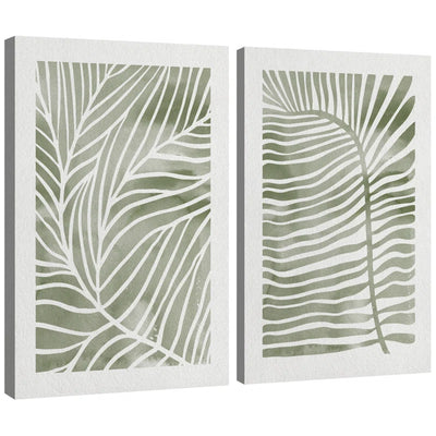 Abstract Botanical Sage Green Tropical Abstract Palm Tree Leaves Modern Art Simple Framed Canvas 2 Piece Print Wall Art