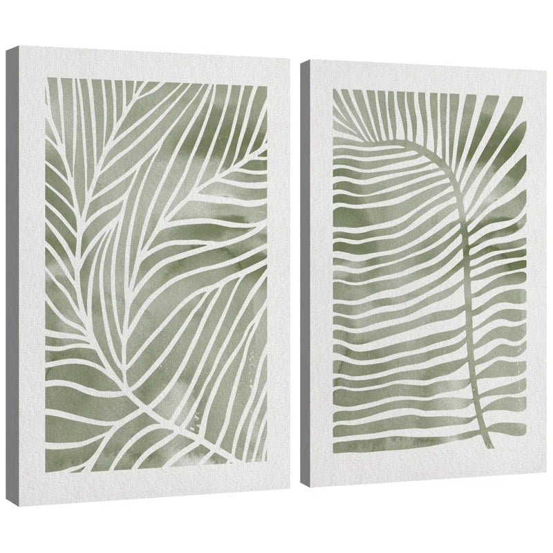 Abstract Botanical Sage Green Tropical Abstract Palm Tree Leaves Modern Art Simple Framed Canvas 2 Piece Print Wall Art