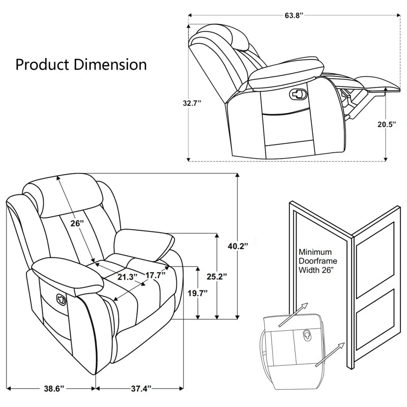 37.4" Wide Contemporary Compact Microfiber Swivel Rocker Manual Recliner Chair with Heat and Massage