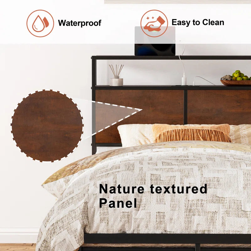 Antioch Bed Frame with LED Light and Charging Station, Metal Frame with Storage Headboard, Large Storage Space, No Spring Box Needed
