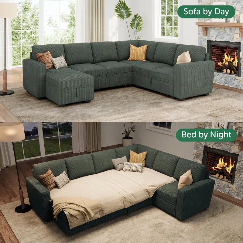 Corduroy Sleeper Sectional U Shaped Modular Sofa Bed with Storage Space