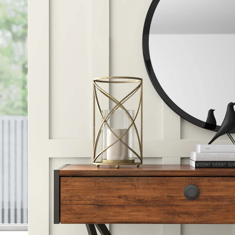 Metal and Glass Pillar Candle Holder with Openwork Geometric Frame - Decorative Accent for Modern and Glam Spaces