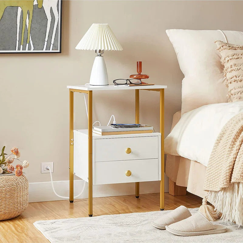 Pake 2 - Drawer 23.6" Tall Iron Nightstand with Storage and Built-In Outlets