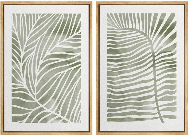 Abstract Botanical Sage Green Tropical Abstract Palm Tree Leaves Modern Art Simple Framed Canvas 2 Piece Print Wall Art