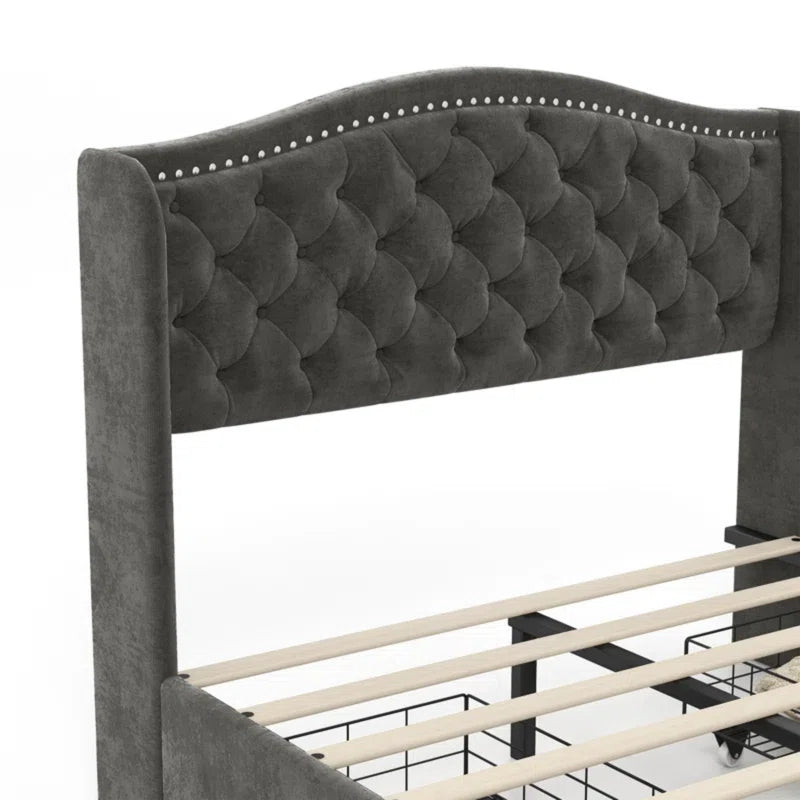 Kassaia Velvet Upholstered Metal Nail Trim Platform Bed with Tufted Headboard and 4 Drawers