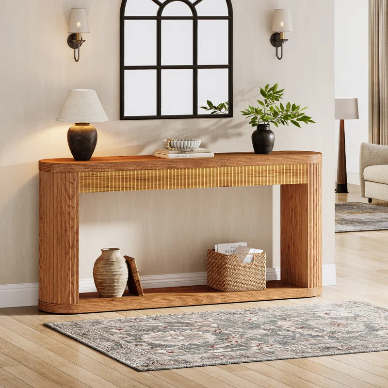 63" Oval Console Table for Entryway, Narrow Wood Entry Desk behind Couch for Entrance, Hallway, Foyer