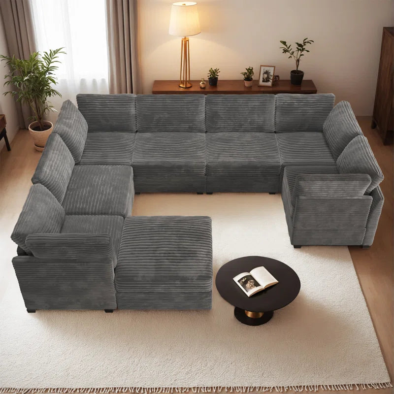 Modular U-Shaped Sectional Plush Corduroy Sofa with Movable Ottoman