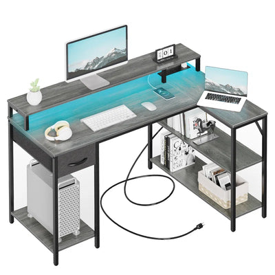 Coolbrook Gaming Desk with LED Lights, L-Shaped Desk with Power Outlets, Computer Desk with Storage, Writing Desk with Monitor Stand, Home Office Desk, L Desk