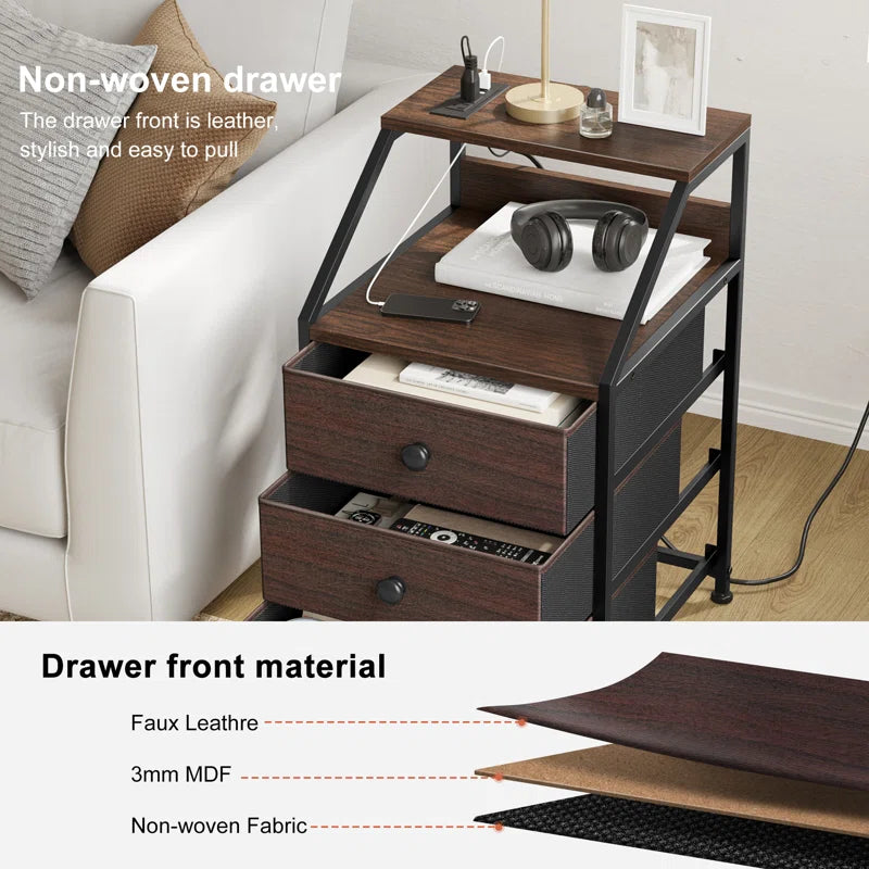 Sereena Nightstand with 3 Drawers & 2 USB Ports, Bedside Table with Outlets, Stable Metal Frame