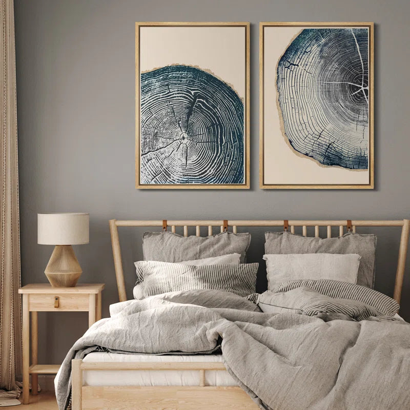 Navy Blue Wood Tree Ring Simple Minimalist Modern Artwork Framed Canvas 2 Pieces Print Wall Art
