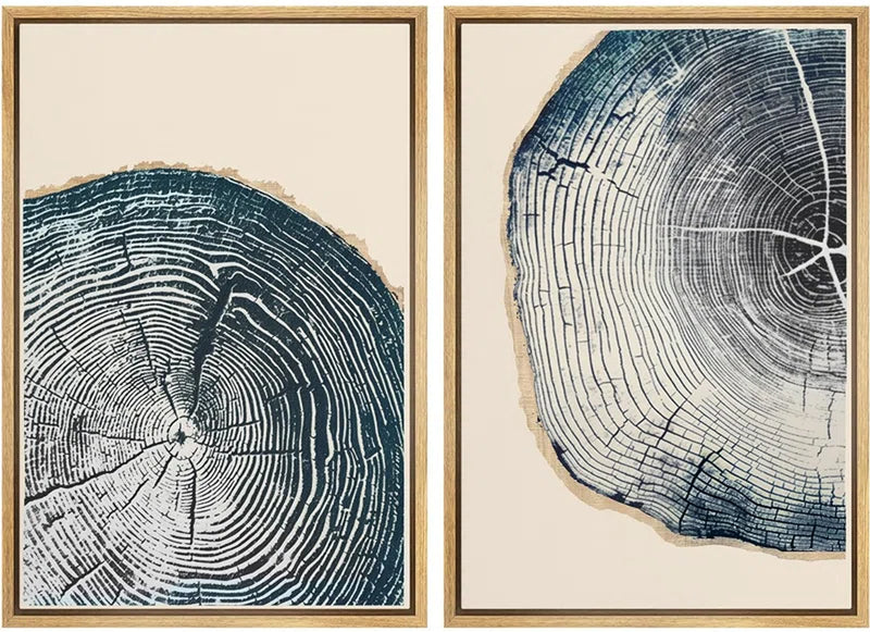 Navy Blue Wood Tree Ring Simple Minimalist Modern Artwork Framed Canvas 2 Pieces Print Wall Art