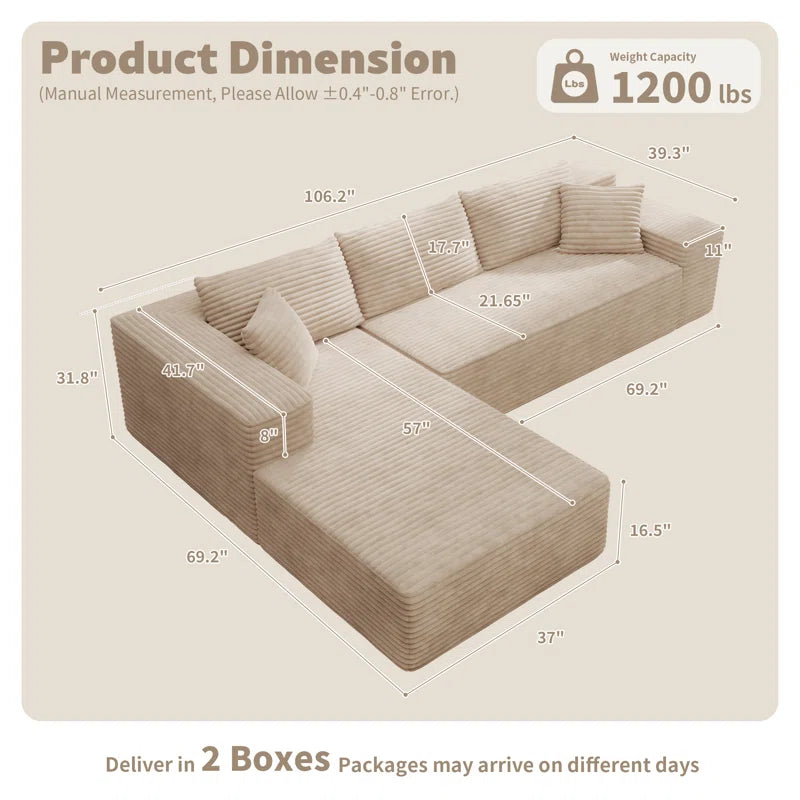 106" Cloud Sectional Couch with L-Shape Chaise, No Assembly Required, Modern Modular Sofa with Deep Seat, Upholstered Couches for Living Room Bedroom, Plush