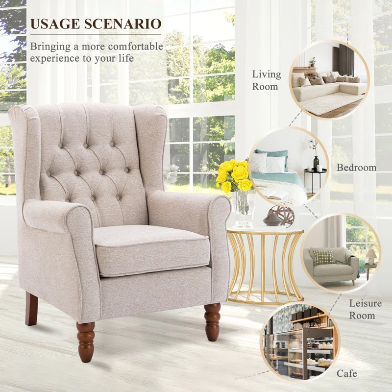 Button-Tufted Small Wingback Accent Chair with Rolled Arm and Thick Padded Cushion