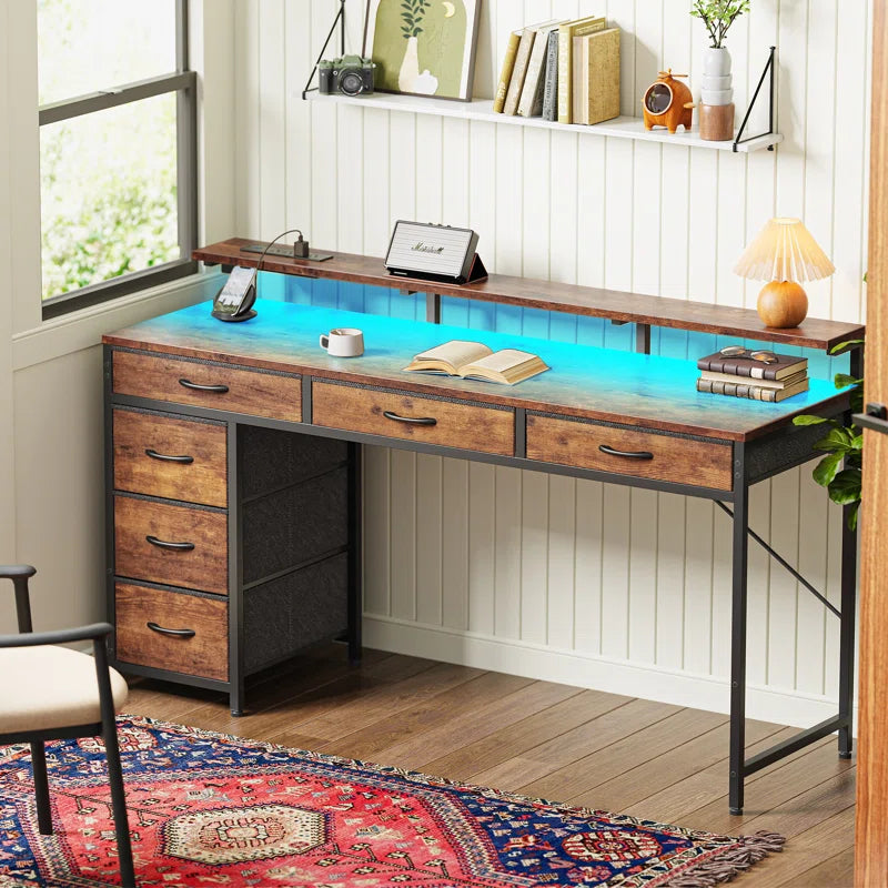 Keldric Rectangle Desk, Computer Desk with Drawers, Gaming Desk with LED Lights, Small Desk with Power Outlets, Writing Desk with Storage, Home Office Desk with Monitor Stand for Study