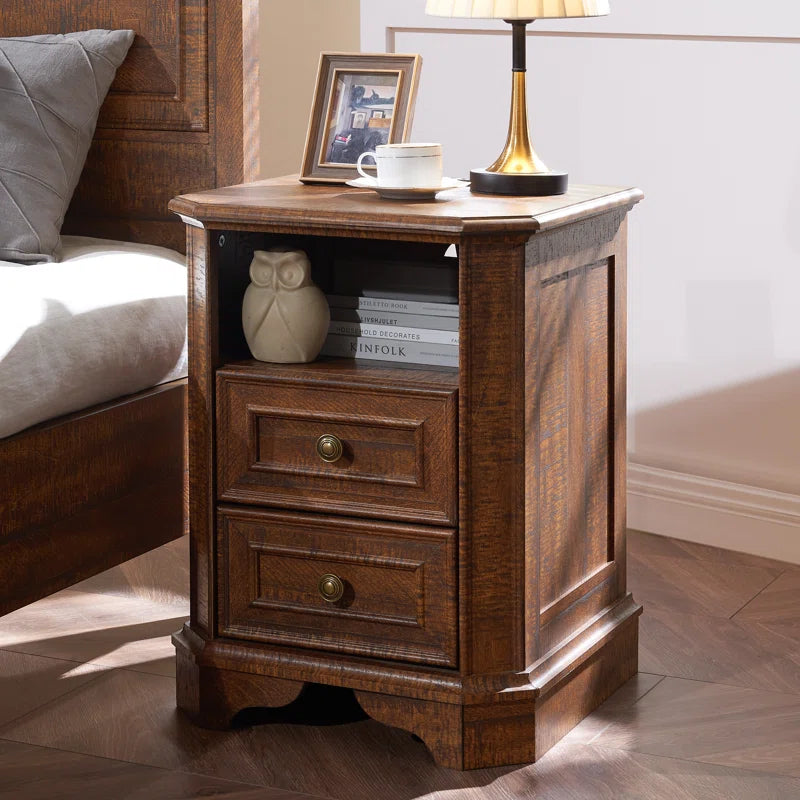 Loiret 2 - Drawers Modern Wood Nightstand with Charging Station,Bed Side Table with Open Storage for Bedroom and Built-In Outlets