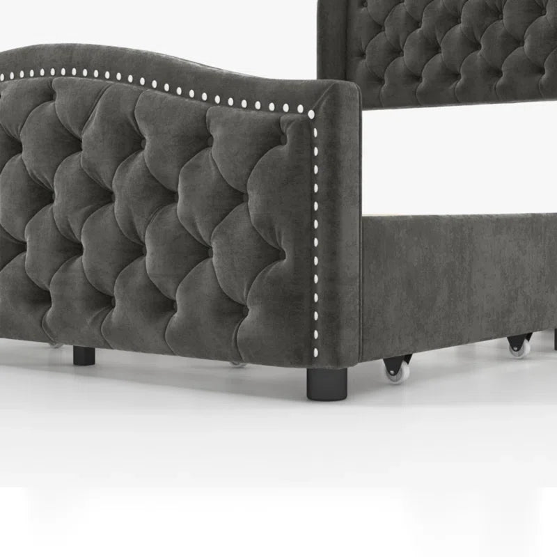 Kassaia Velvet Upholstered Metal Nail Trim Platform Bed with Tufted Headboard and 4 Drawers