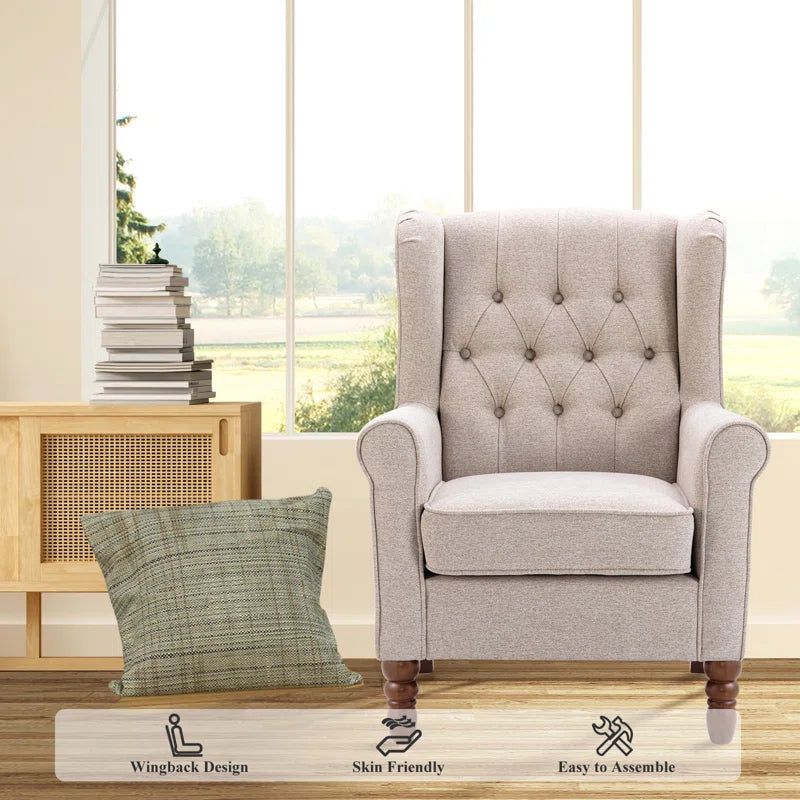 Button-Tufted Small Wingback Accent Chair with Rolled Arm and Thick Padded Cushion