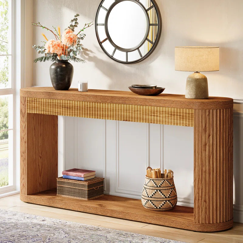 63" Oval Console Table for Entryway, Narrow Wood Entry Desk behind Couch for Entrance, Hallway, Foyer