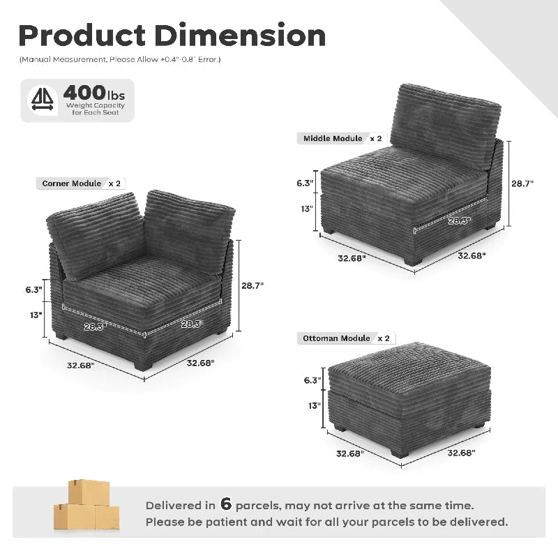Corduroy Section Sofa Combination, 4 Seats, with Ottoman, Can Be Combined at Will